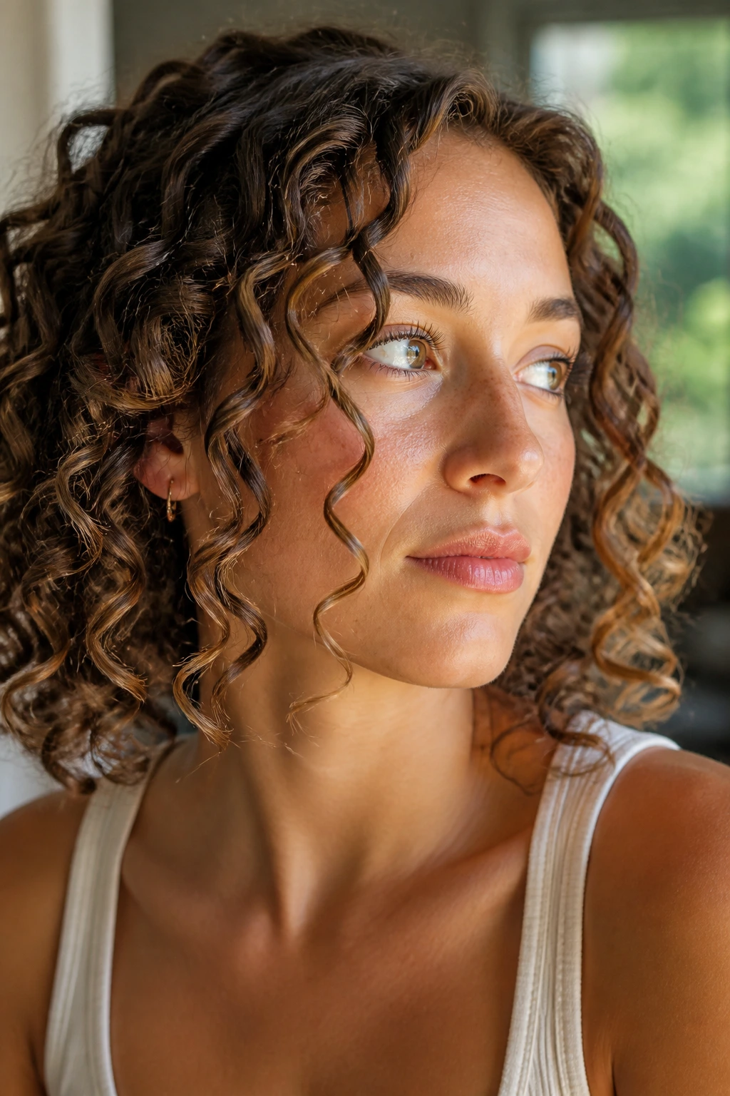 Close-up portrait showing face-framing spiral curls starting at cheekbone