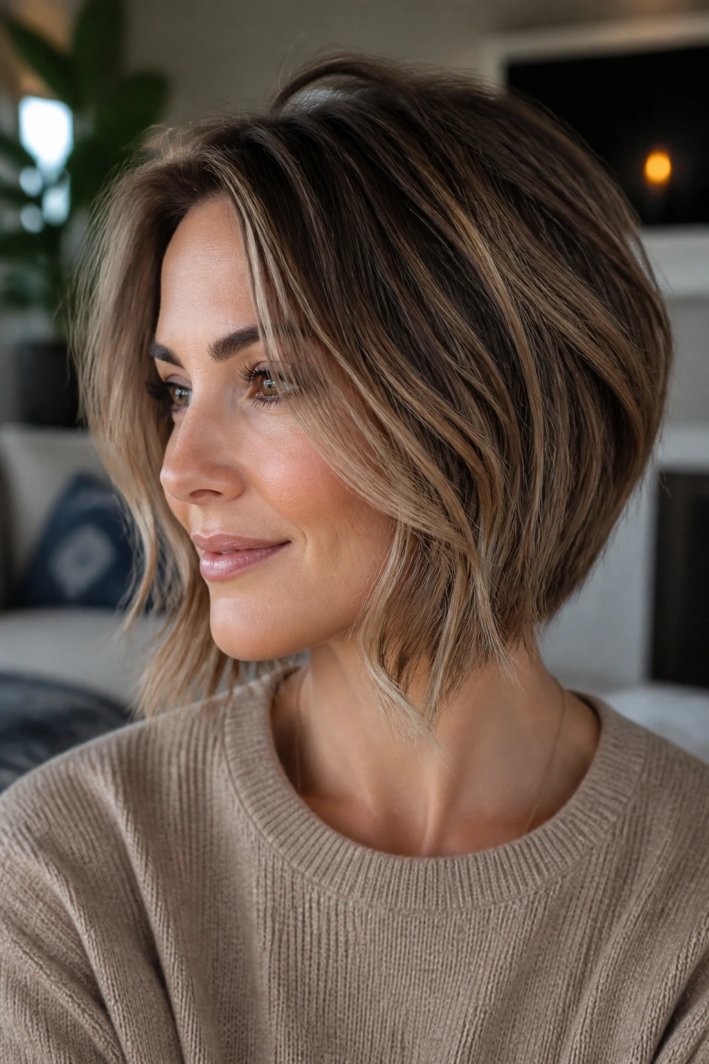 Close-up portrait of a real woman with face-framing stacked bob and cheek-length front pieces.