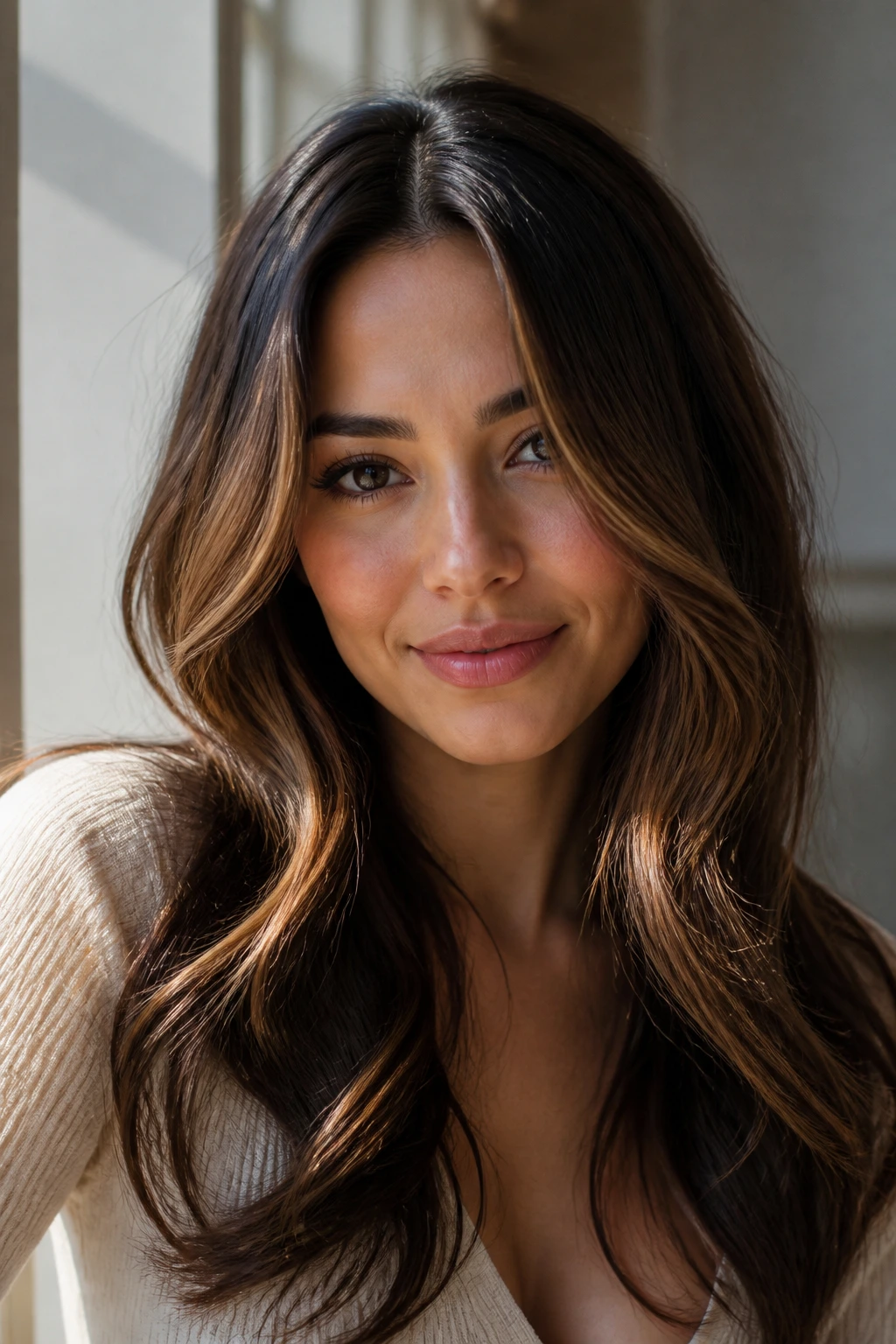 Portrait of a real woman with front pieces curved around the cheeks to emphasize the color