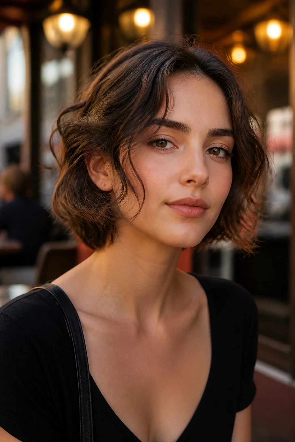 Close-up of a woman with face-framing tendril bob at an outdoor cafe