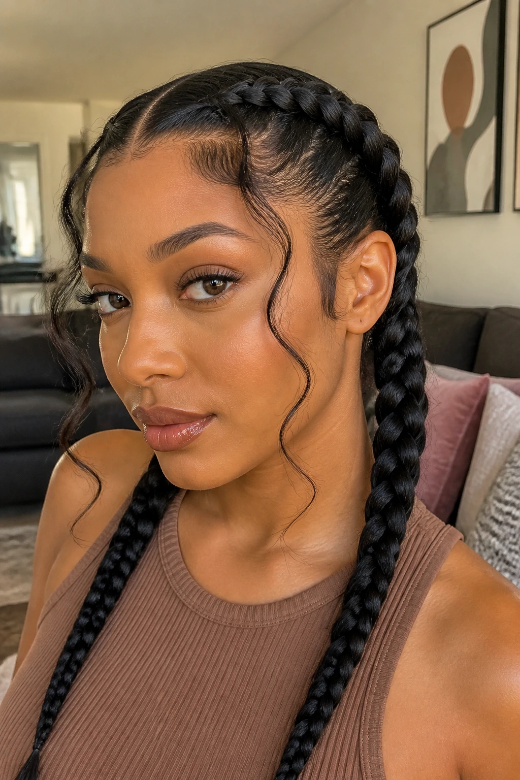 Close-up of a real woman with braids and face-framing tendrils near temples, warm indoor light