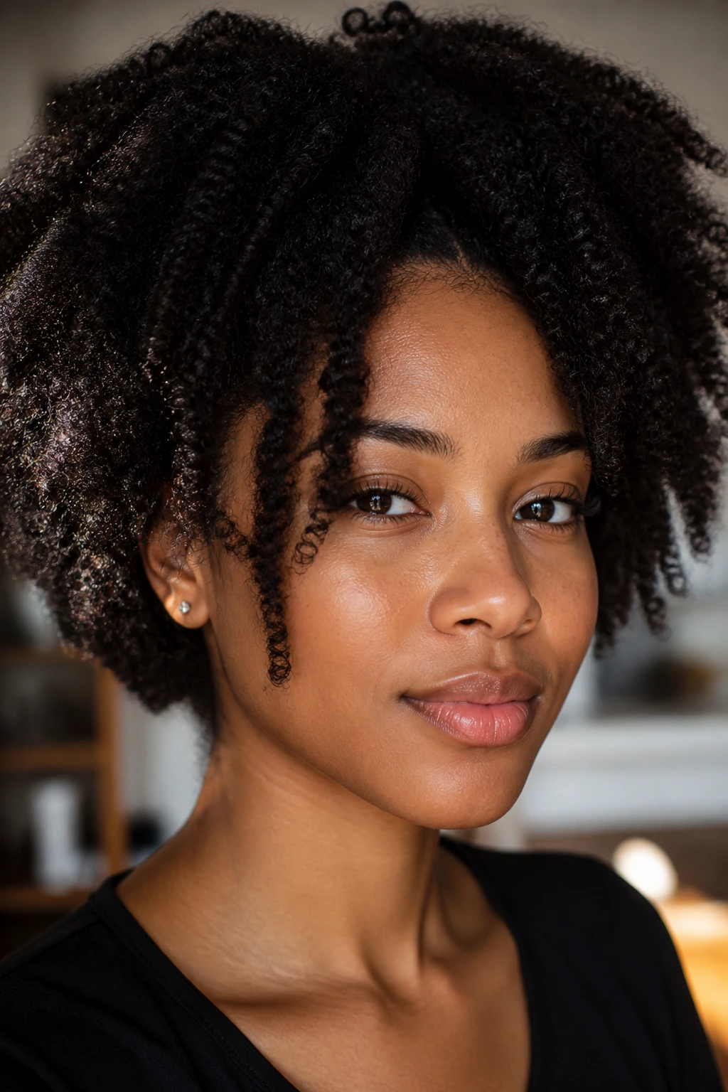 Close-up of face with cheekbone-level face-framing pieces in thick hair.