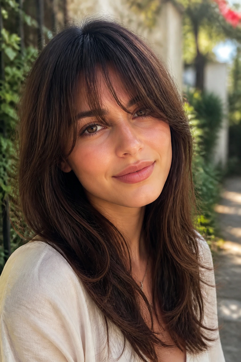 Close-up of face-framing bangs blending into U-shaped layers on a real person