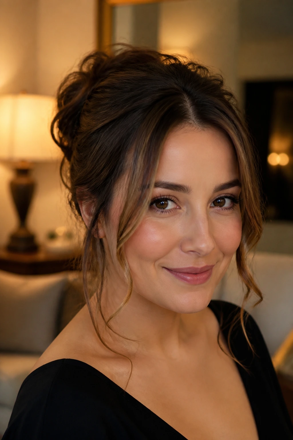 Portrait of a woman with face-framing updo and loose tendrils