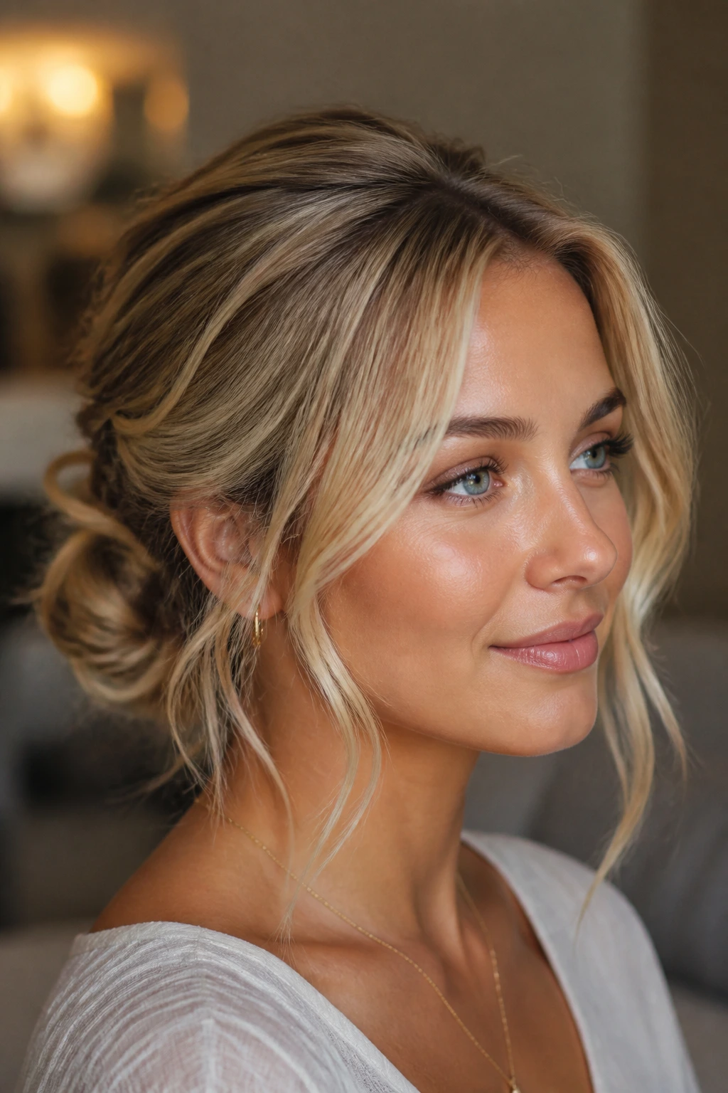 Close-up of a real blonde woman with face-framing wispy tendrils in an elegant updo