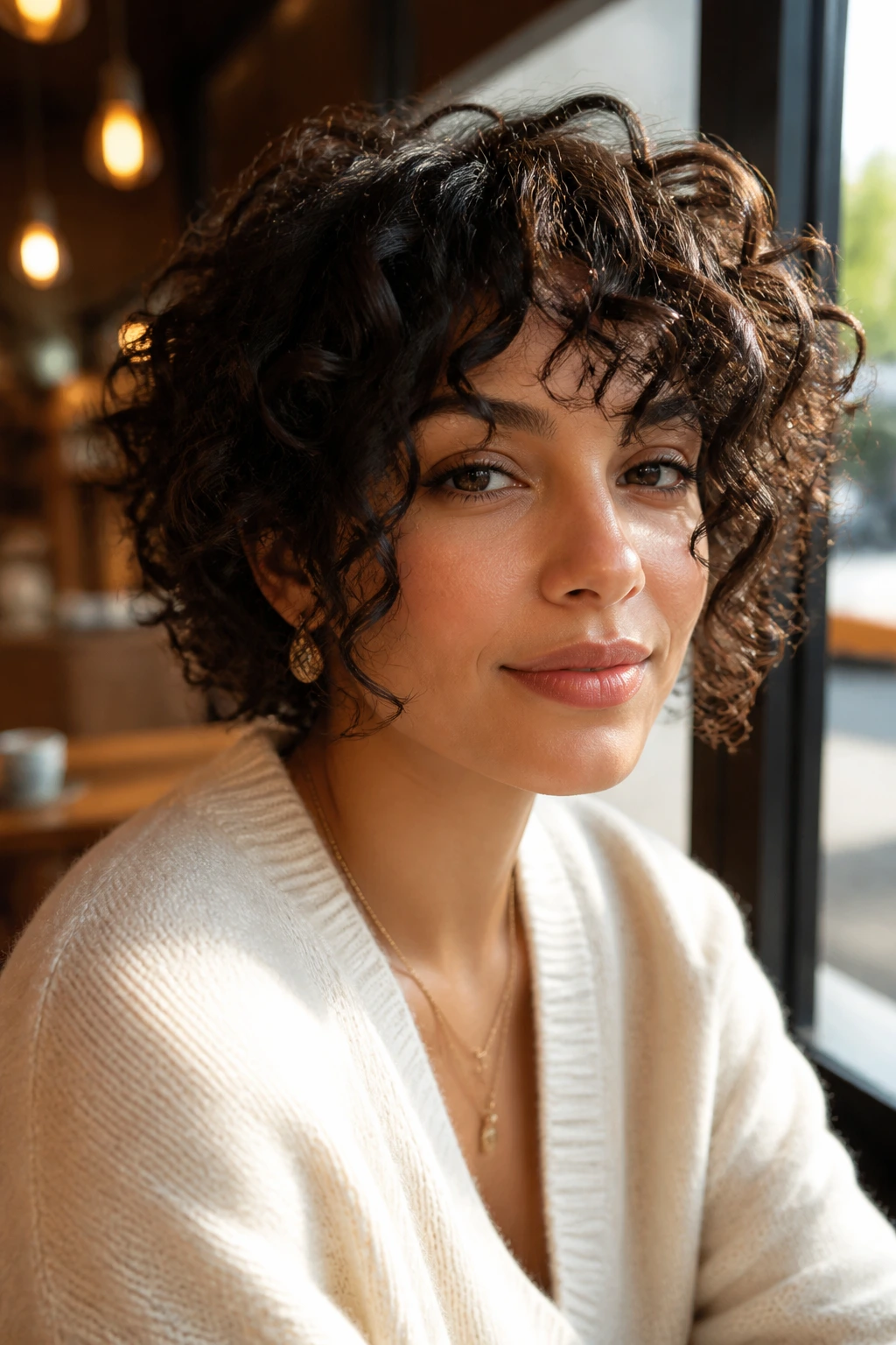 Close-up portrait of a real woman showing a face-framing curl variation