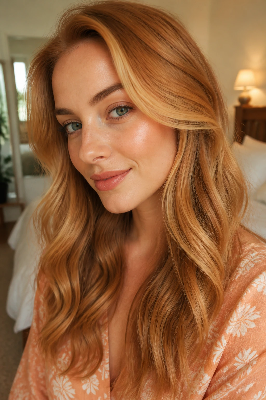 Portrait of a woman with face-framing warm ribbons in hair