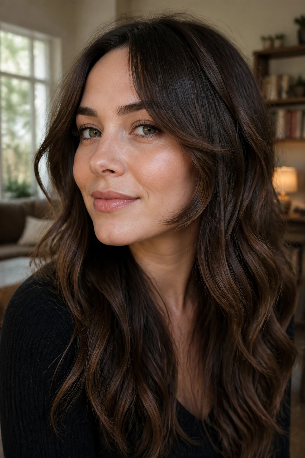 Close-up portrait of a real woman with cheekbone-framing wavy hair