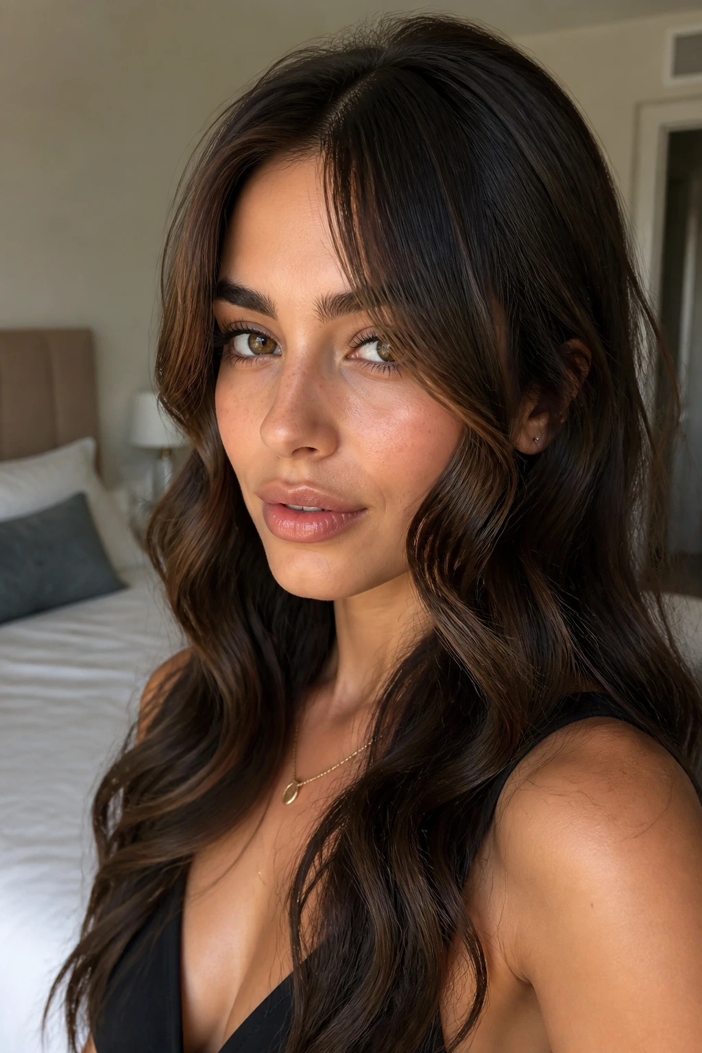 Close-up of a real woman with face-framing curtain waves framing her cheeks in warm window light