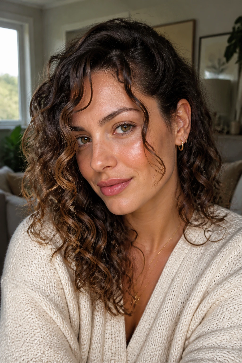 Close-up of a real woman with cheekbone-length face-framing waves and a tucked front piece.