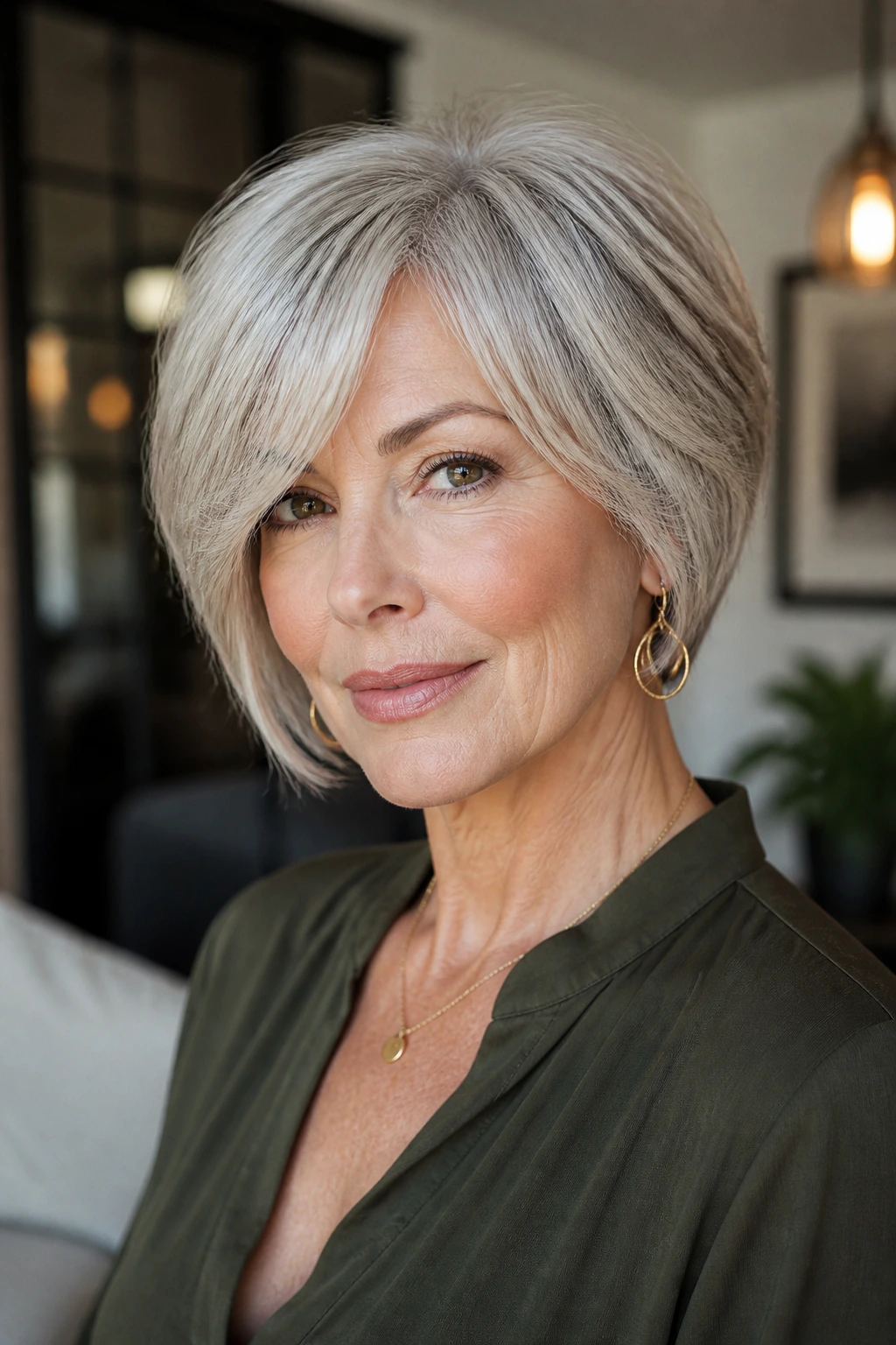 Portrait of a woman with a wedge haircut and coordinated wardrobe