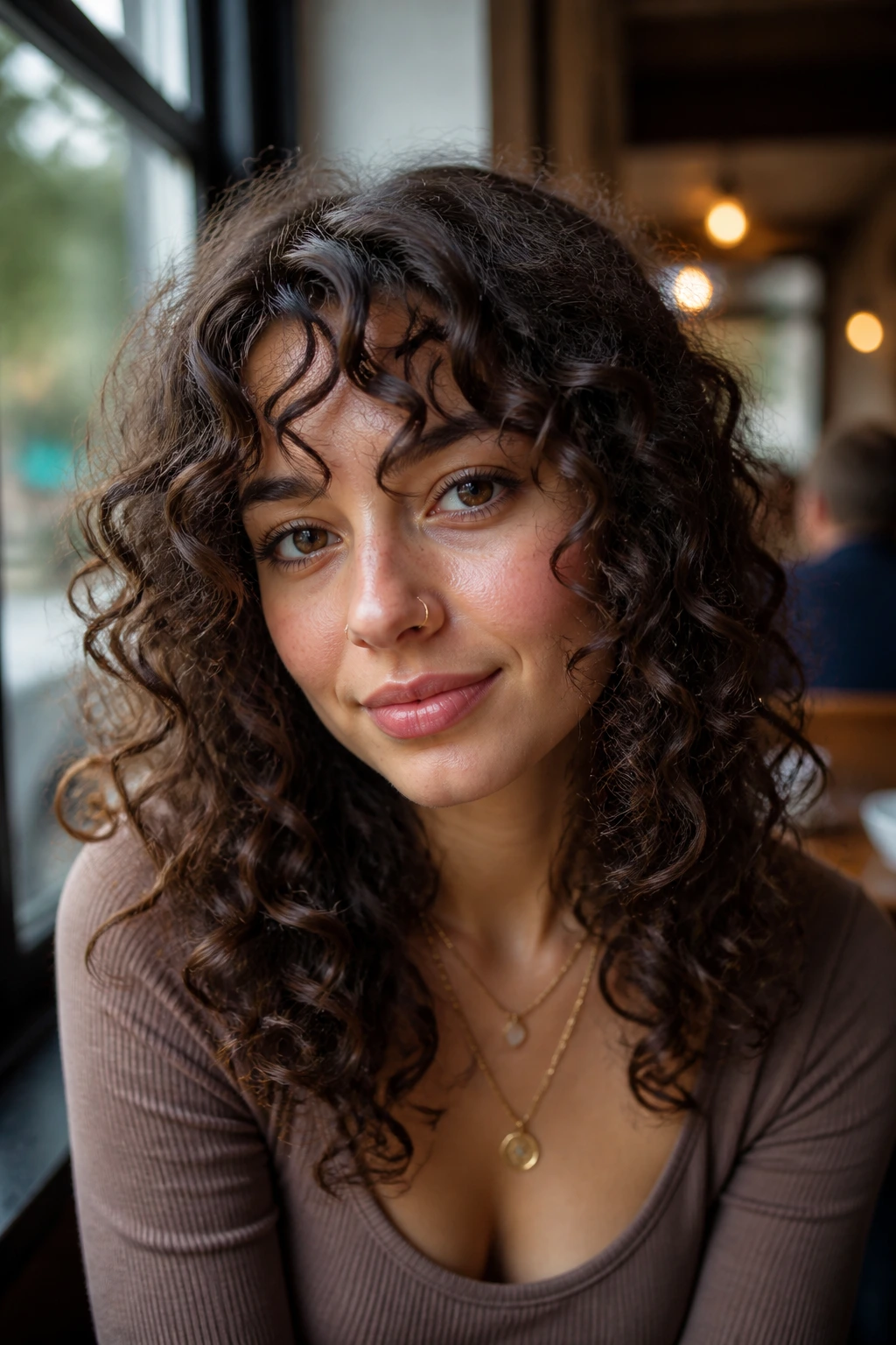 Real woman with face hugging bangs blending into layers, natural light