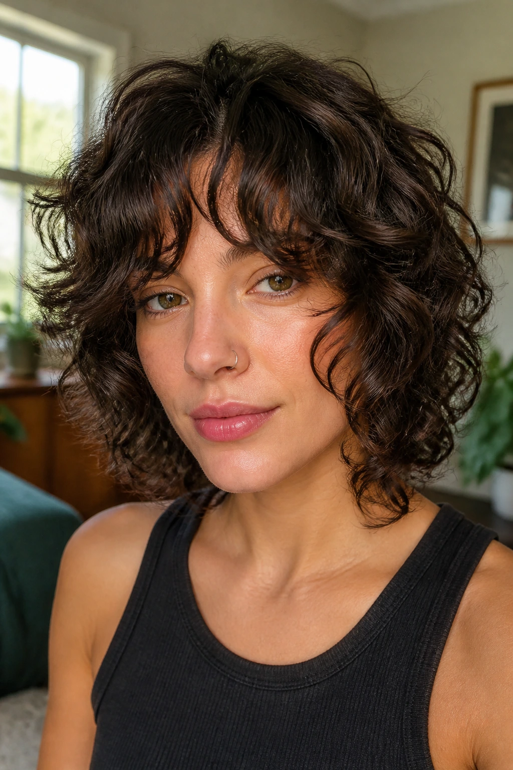 Close-up portrait of a real person with face-hugging curly shag and bottleneck bangs