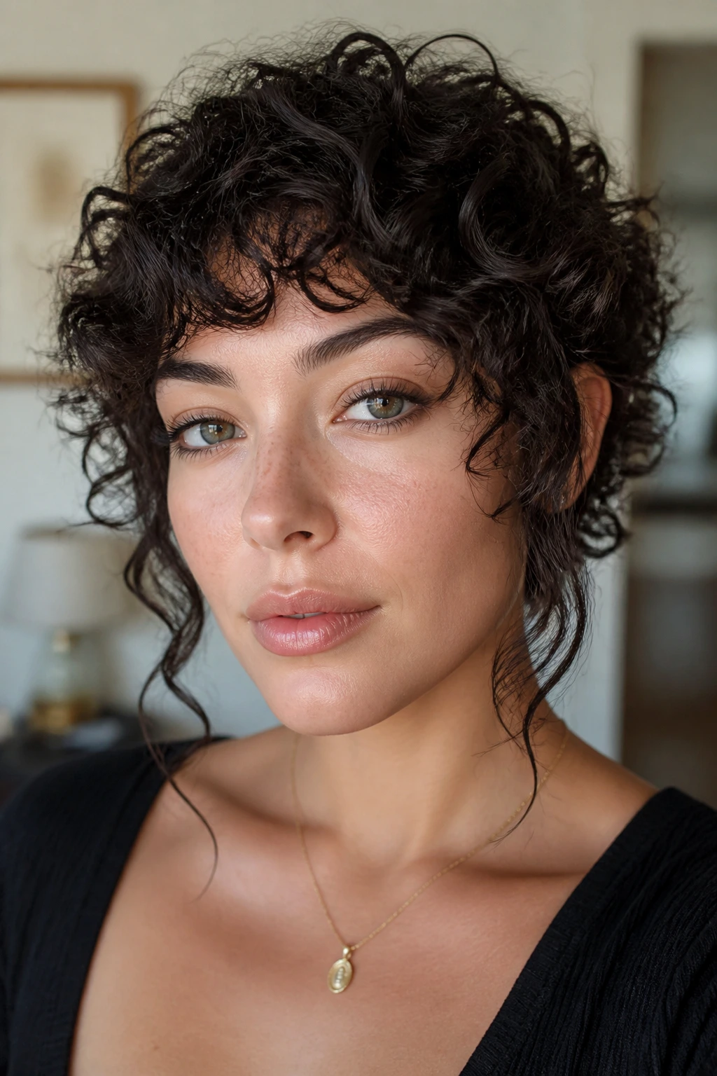 Close-up of a real woman with face-hugging fringe and long side pieces on curly hair