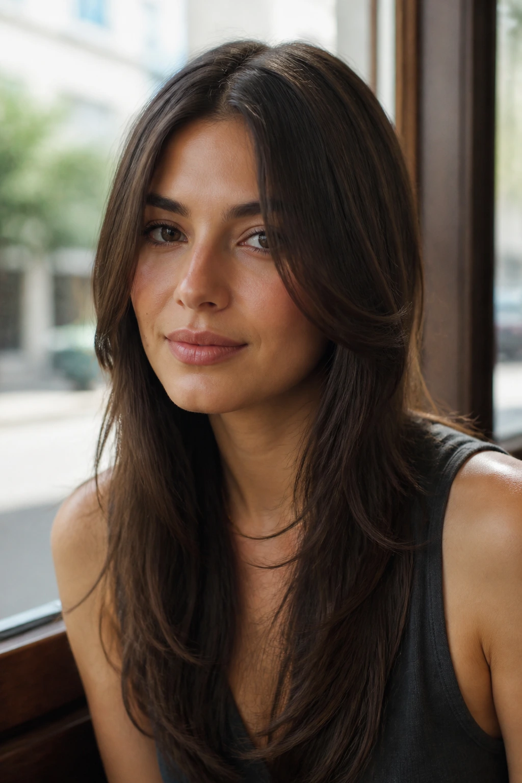Close-up of a real person with face-hugging layers and a polished middle part in cafe light