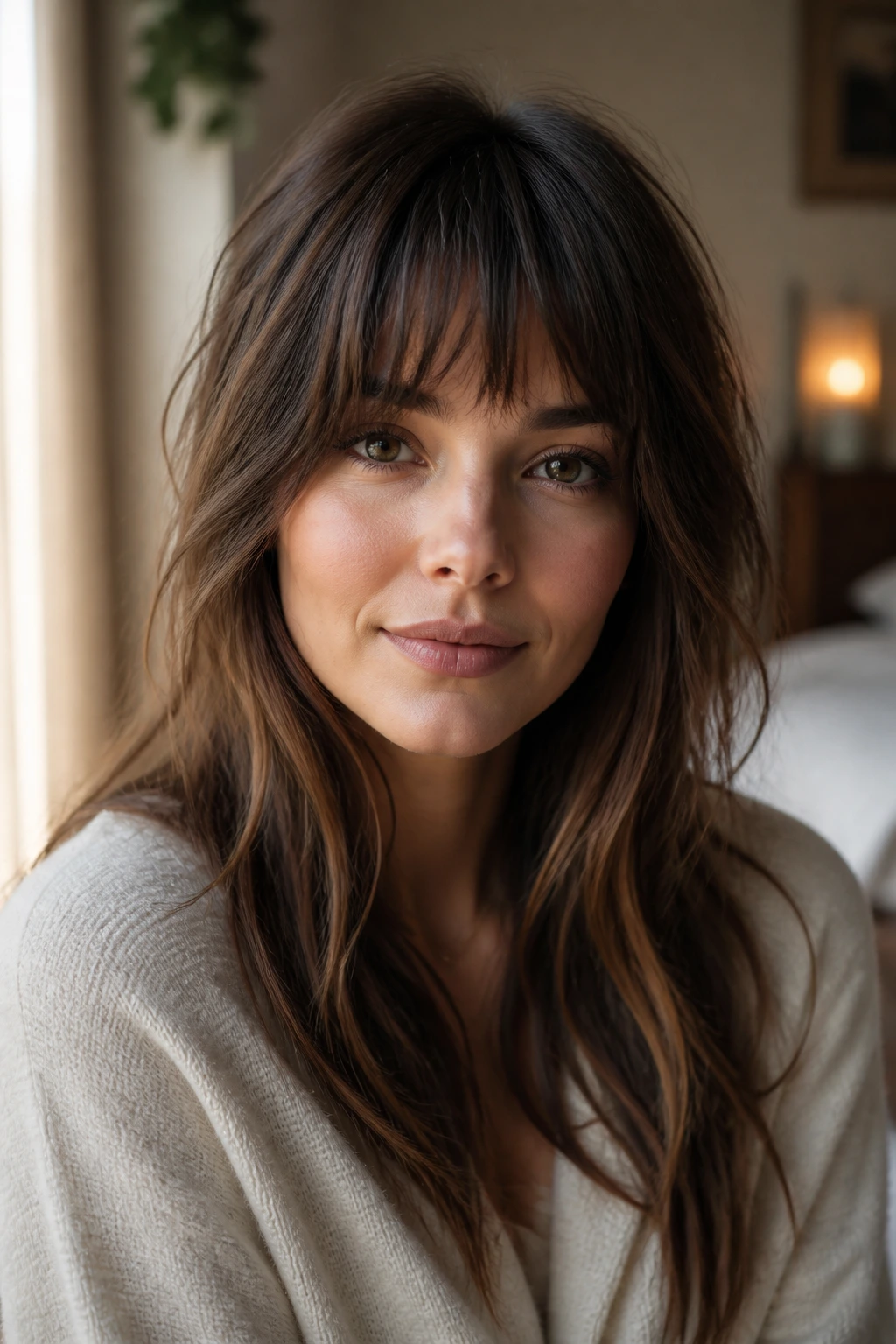 Close-up portrait of a woman with a face-lengthening choppy fringe highlighting the brow and cheekbone balance
