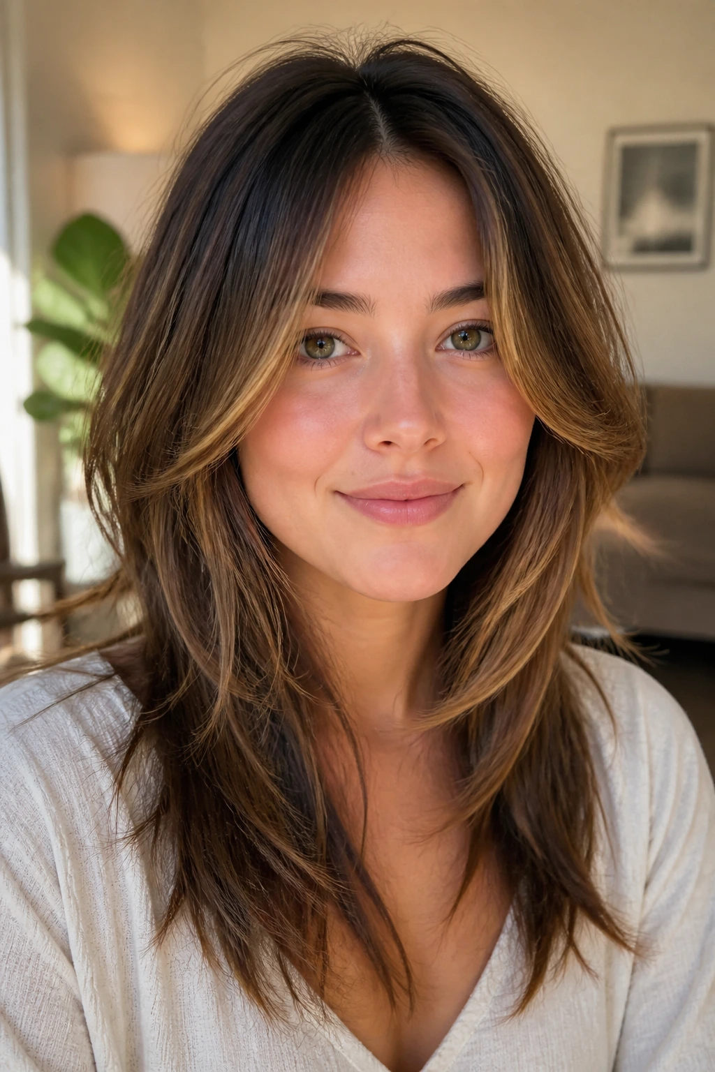 Portrait of a real person with diagonal soft front pieces and a lifted crown to elongate the face.