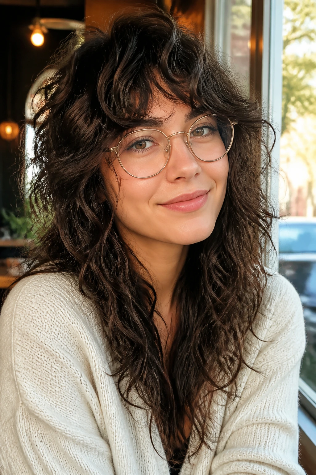 Close-up portrait of a real woman with face-opening long-end shag and glasses