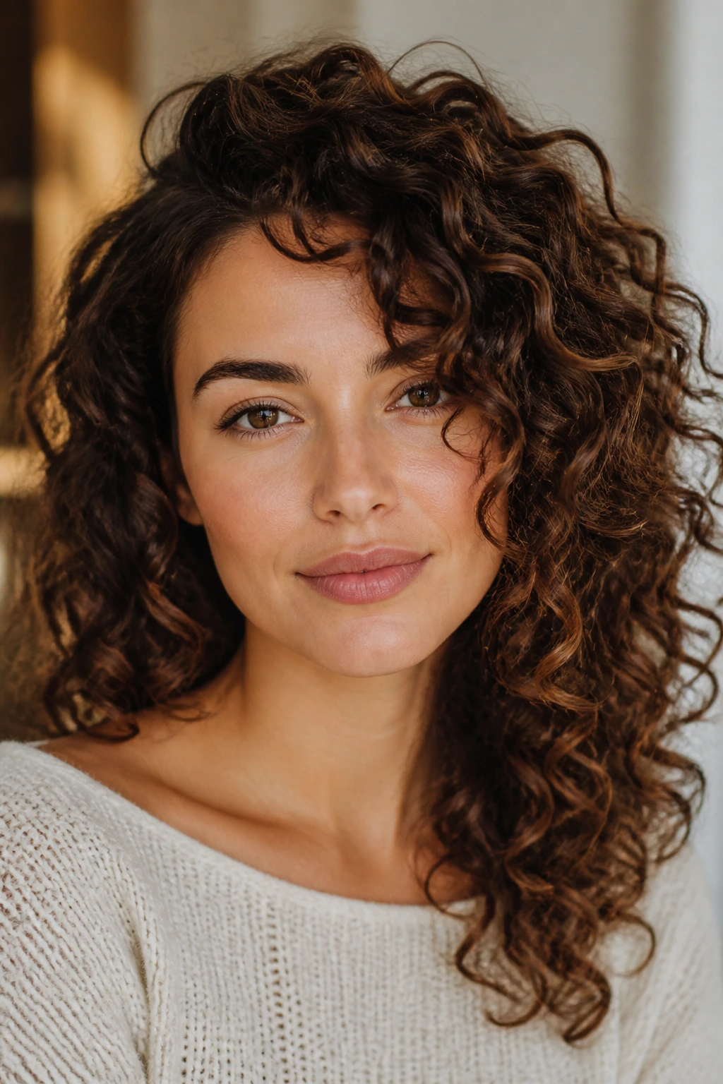 Close-up of a real person showing diagonal curl lines balancing a heart-shaped face