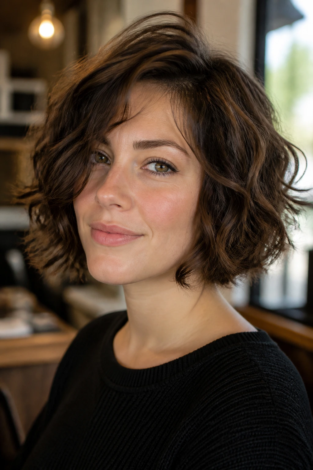 Close-up portrait of a woman with chin-length loose curls illustrating face shape and density