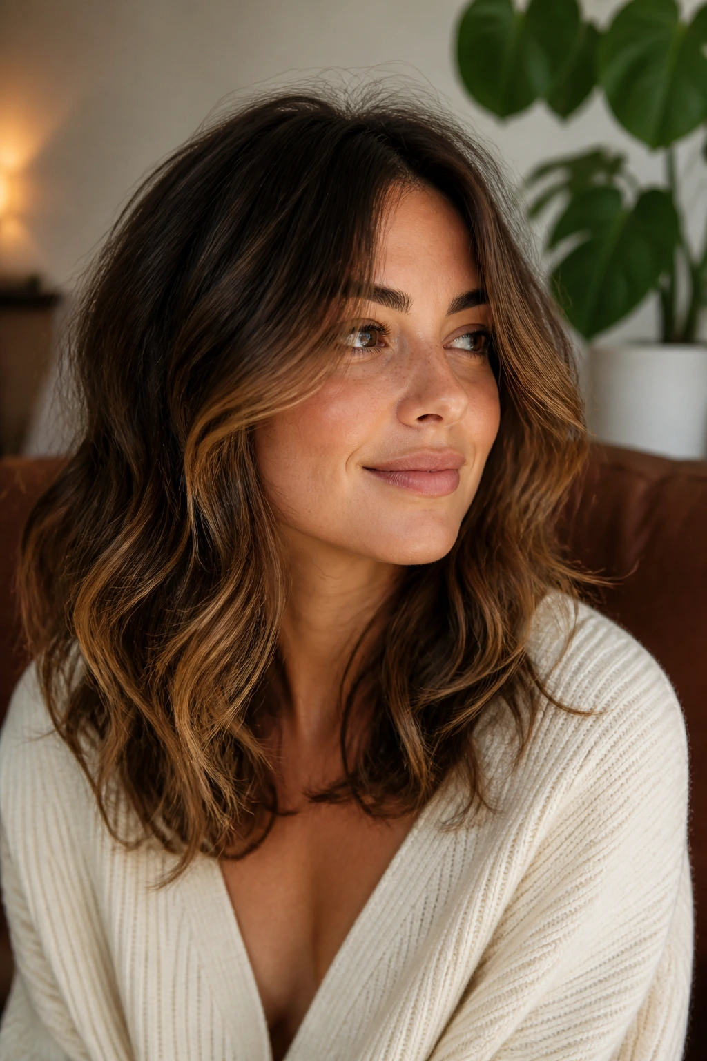 Portrait of woman with front layers framing cheeks illustrating face-shape adjustments