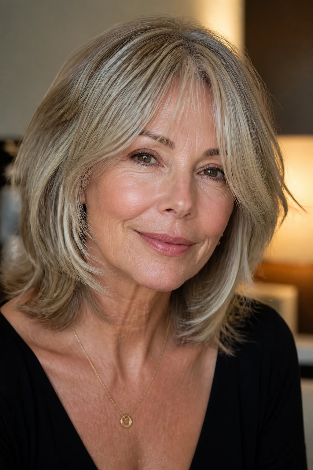Real woman with face-framing layered cut matching her facial texture