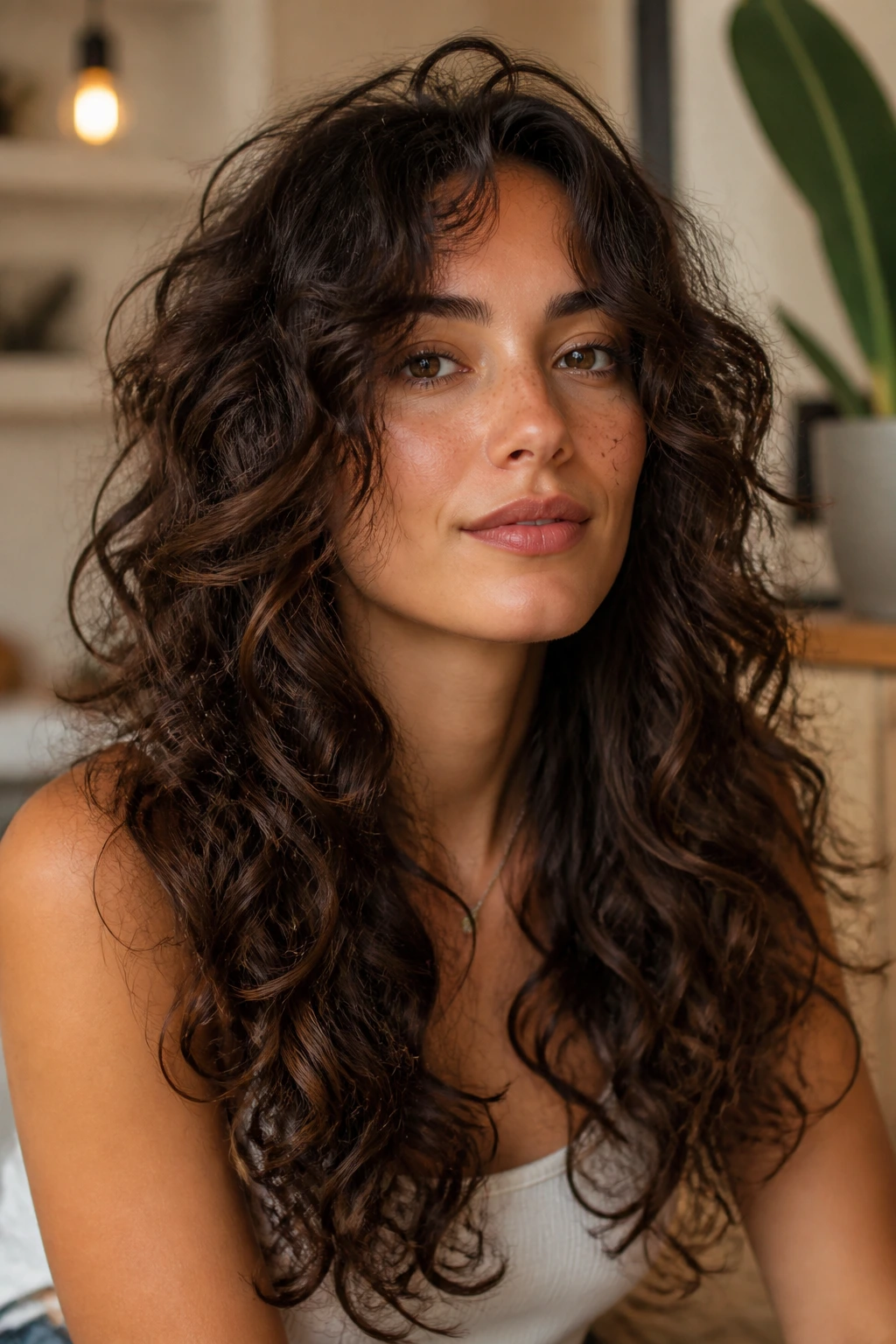 Portrait of a real woman with long curls and longer front pieces framing the face