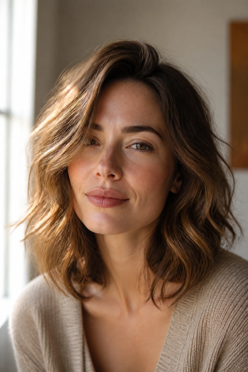 Portrait of a woman with face-framing waves and off-center part.