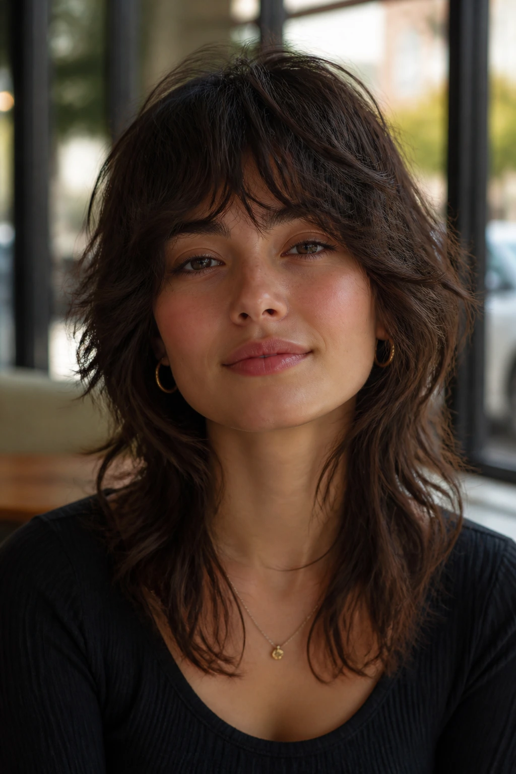 Portrait of a woman with a front-heavy wolf cut framing the jaw in cafe lighting