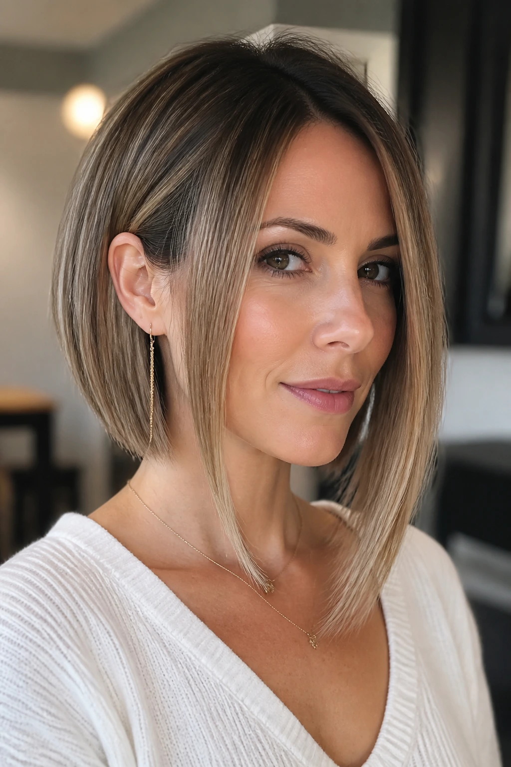 Close-up of a real woman with long front pieces in a face-slimming bob