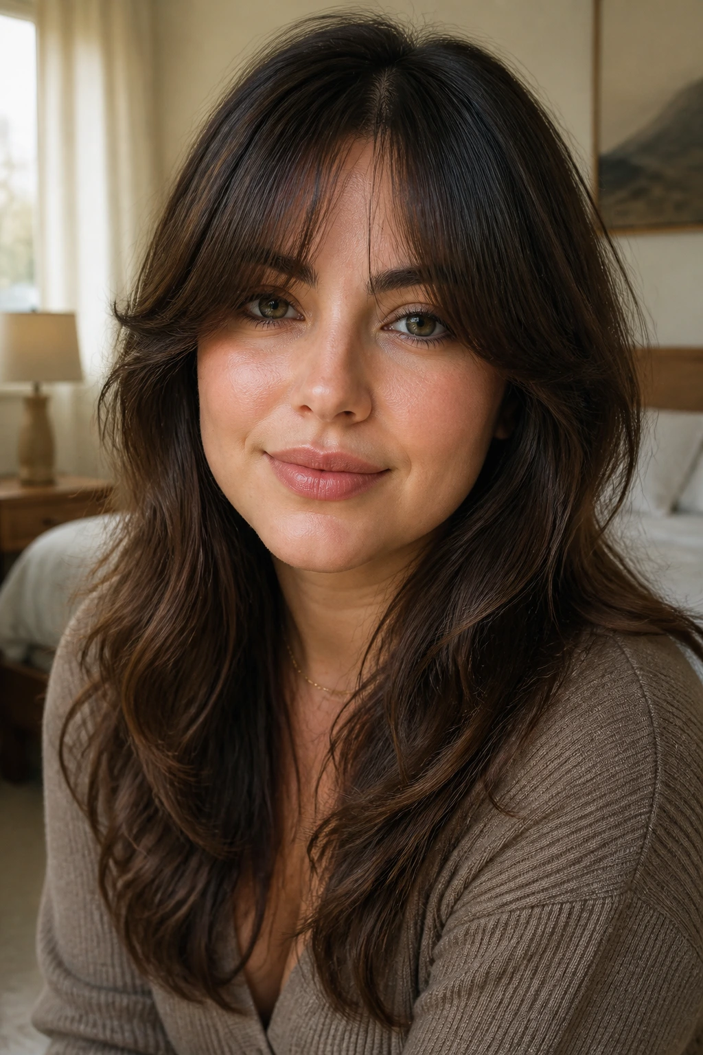 Close-up of a real woman showing diagonal and center-split bangs highlighting face-slimming lines