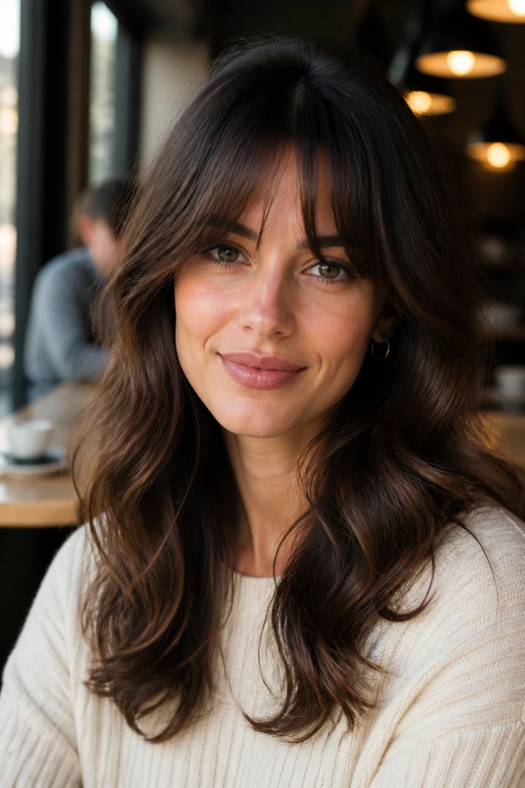 Close-up of a real woman with face-slimming rounded layers and narrow curtain bangs in natural daylight