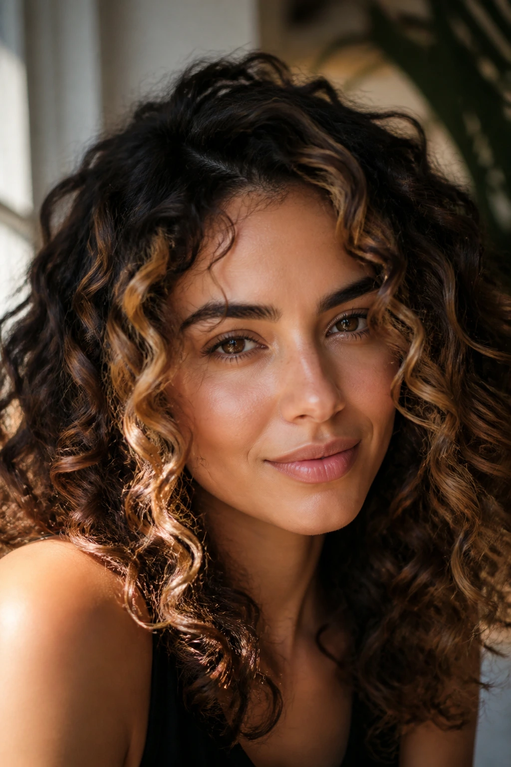 Close-up of a real person with face-softening curve lights along front curls