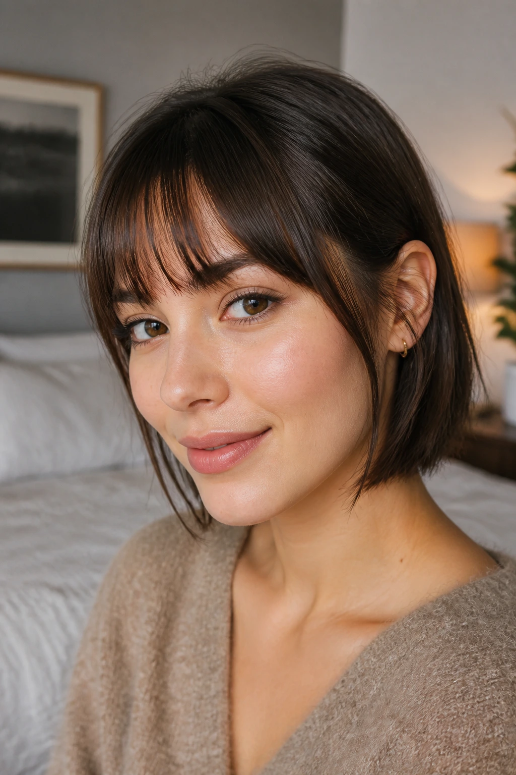 Close-up of a woman with a face-hugging fringe framed by soft natural light