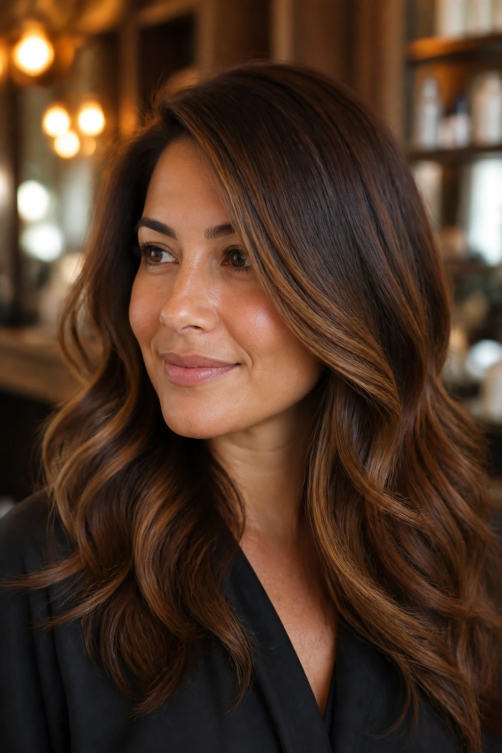 Close-up of a real woman with refreshed chestnut caramel hair in a warm salon