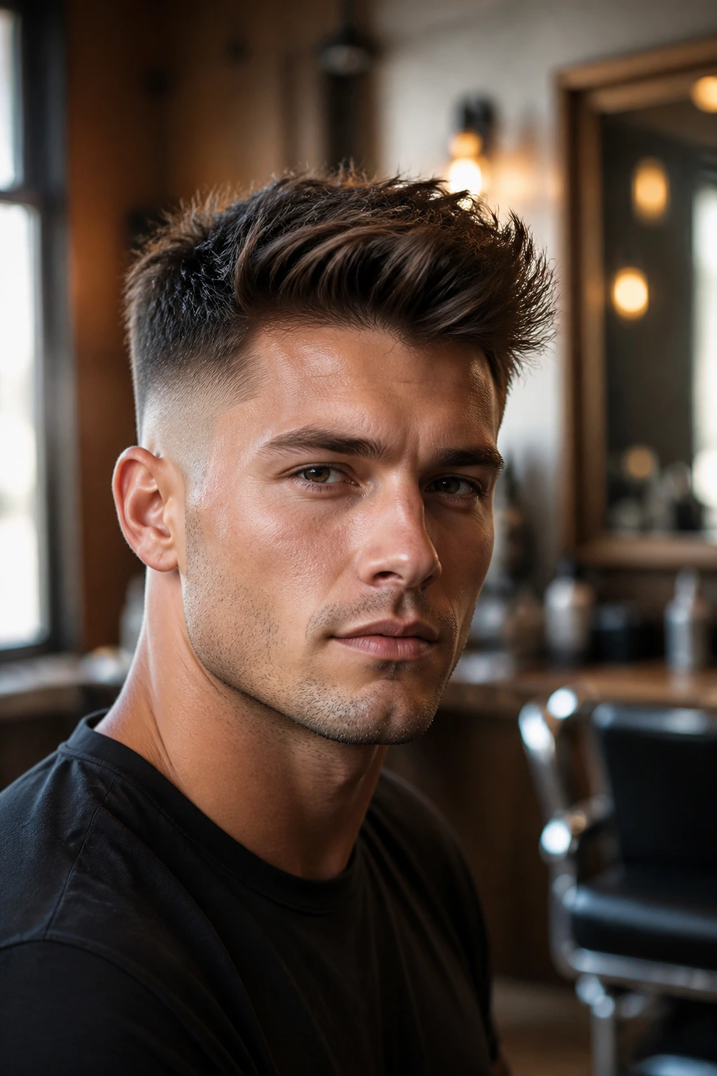 Close-up portrait of a man with a tapered fade on thick hair and a square jaw.