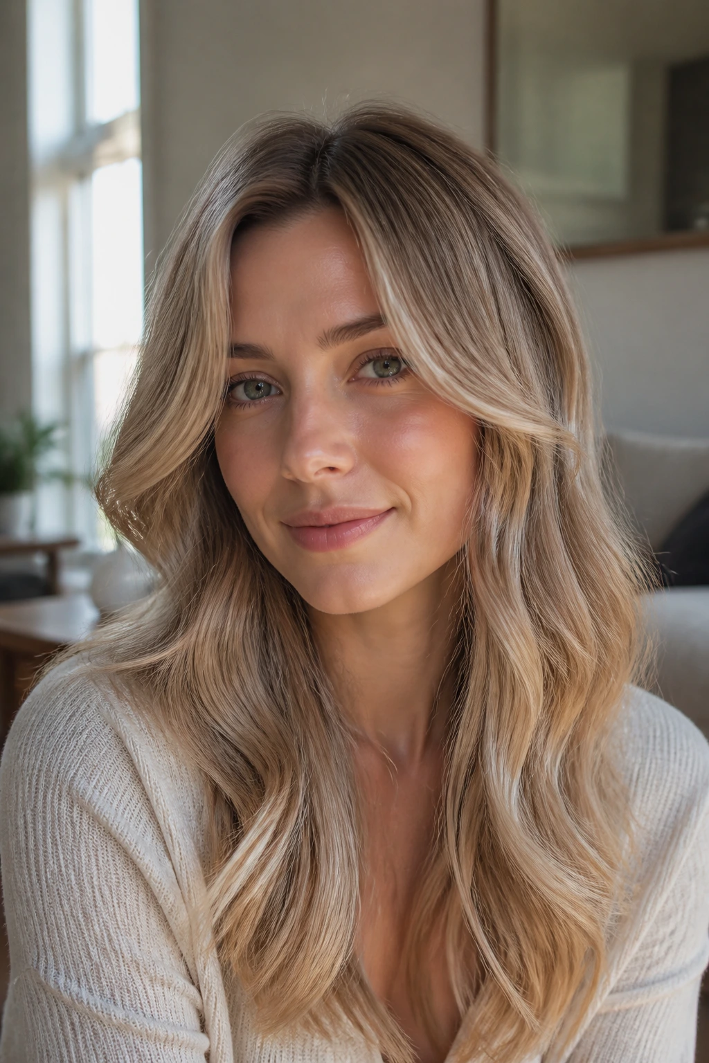 Portrait of a real woman with fair neutral skin and beige champagne hair shade