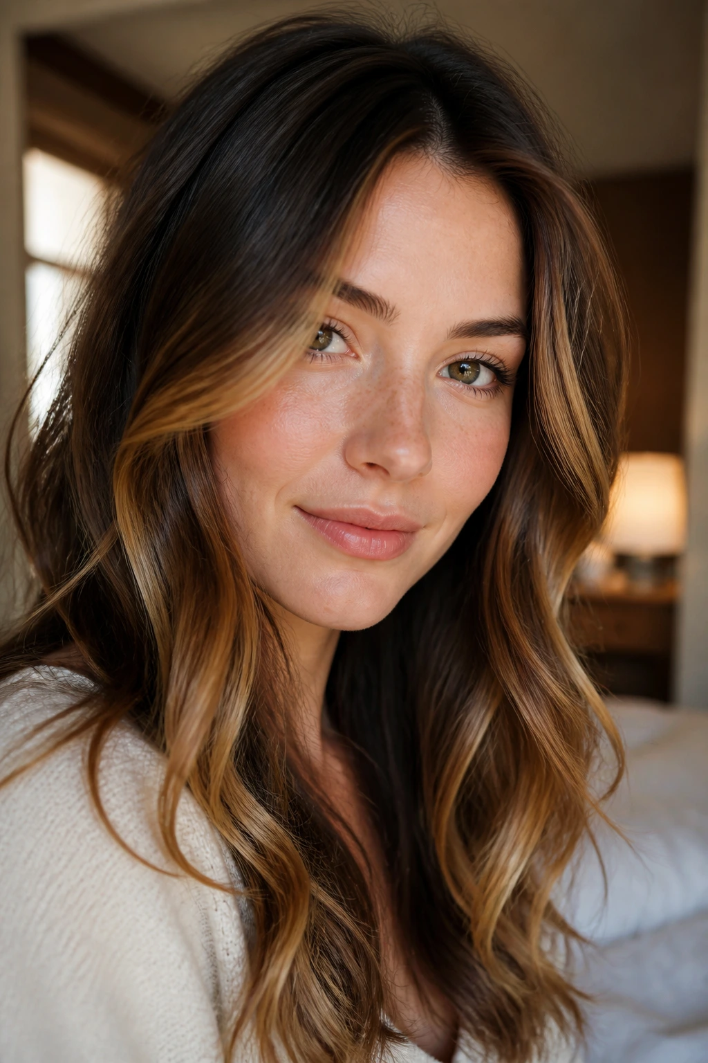 Close-up portrait of a fair-skinned woman with brunette balayage and caramel ribbons framing her face