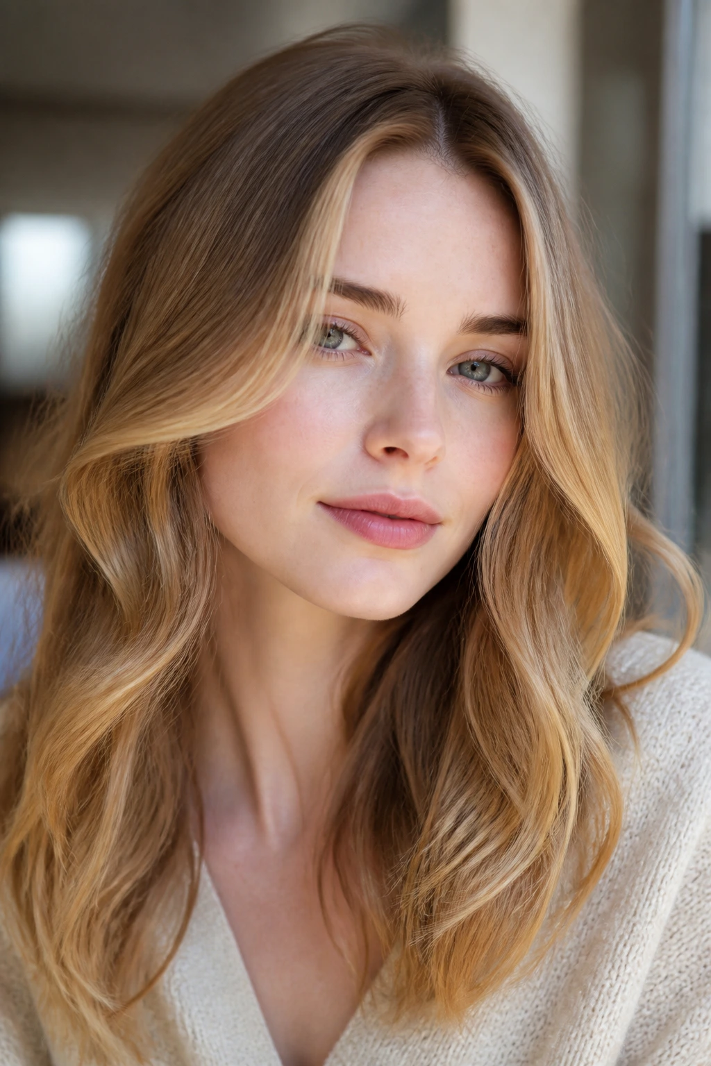 Portrait of a real person with pale skin and honey balayage framing the face in a warm salon setting