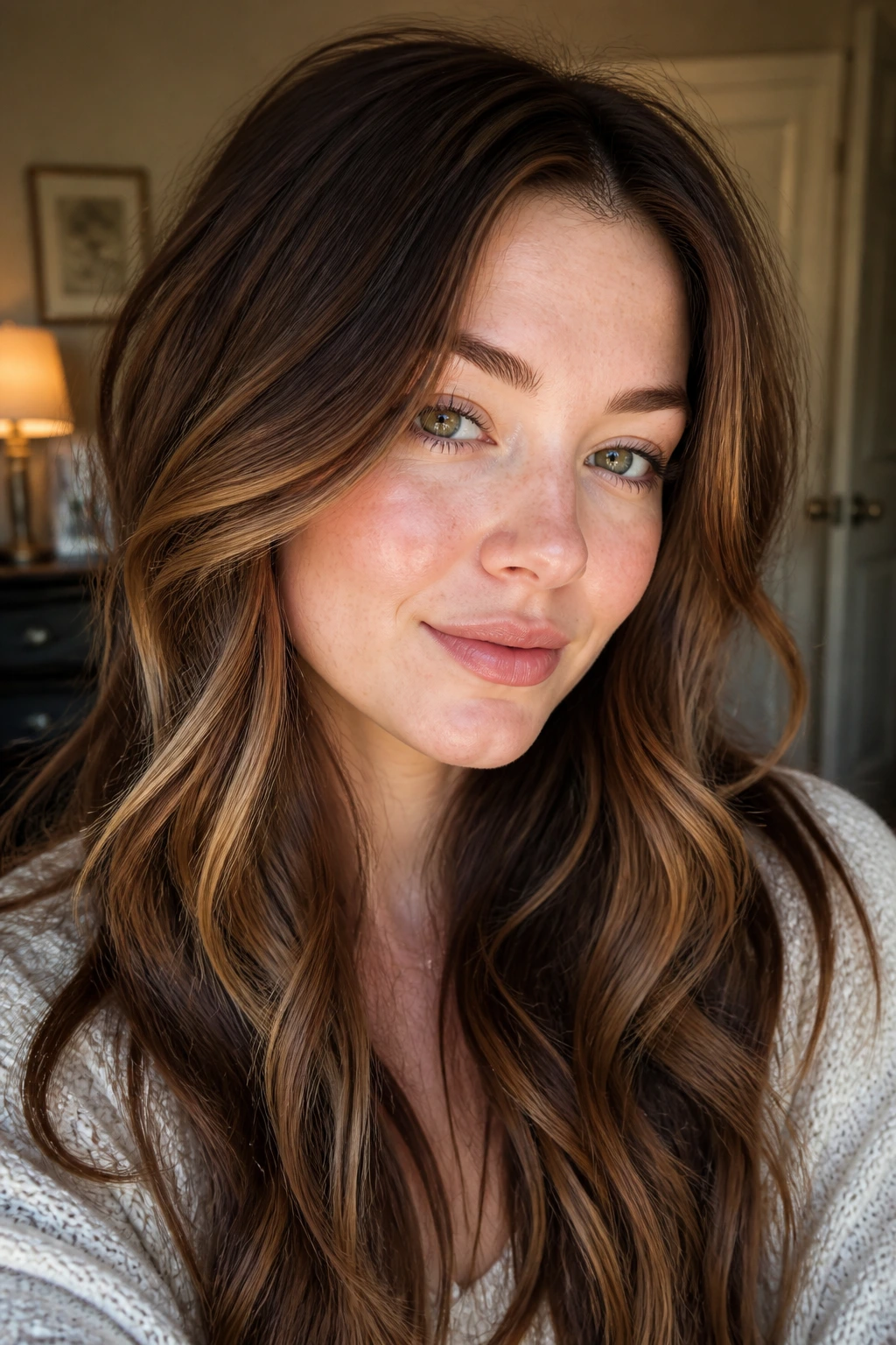 Close-up portrait of a fair-skinned woman with caramel brunette hair and warm highlights