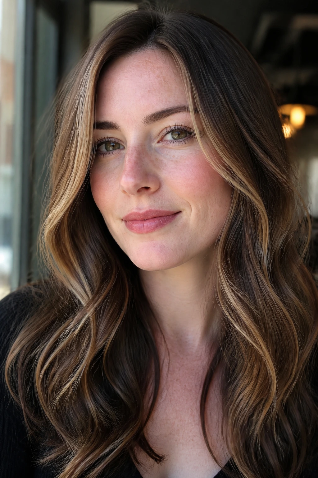 Close-up portrait showing chocolate caramel highlights on fair skin