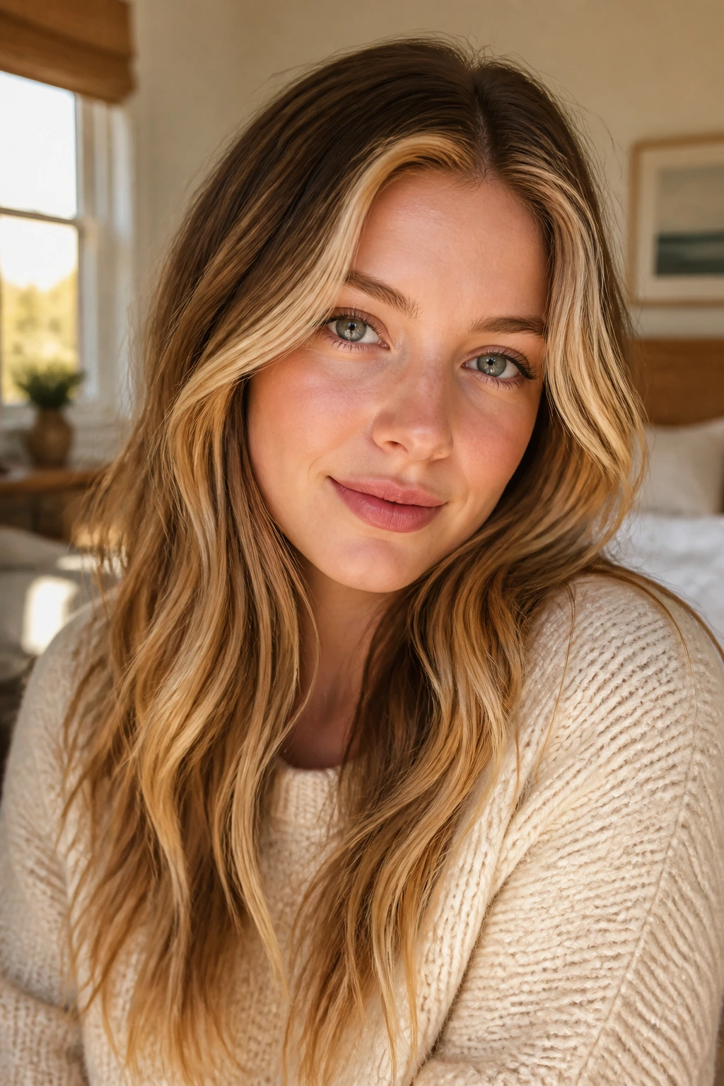 Close-up portrait of a fair-skinned woman with golden brown blonde highlights framing her face