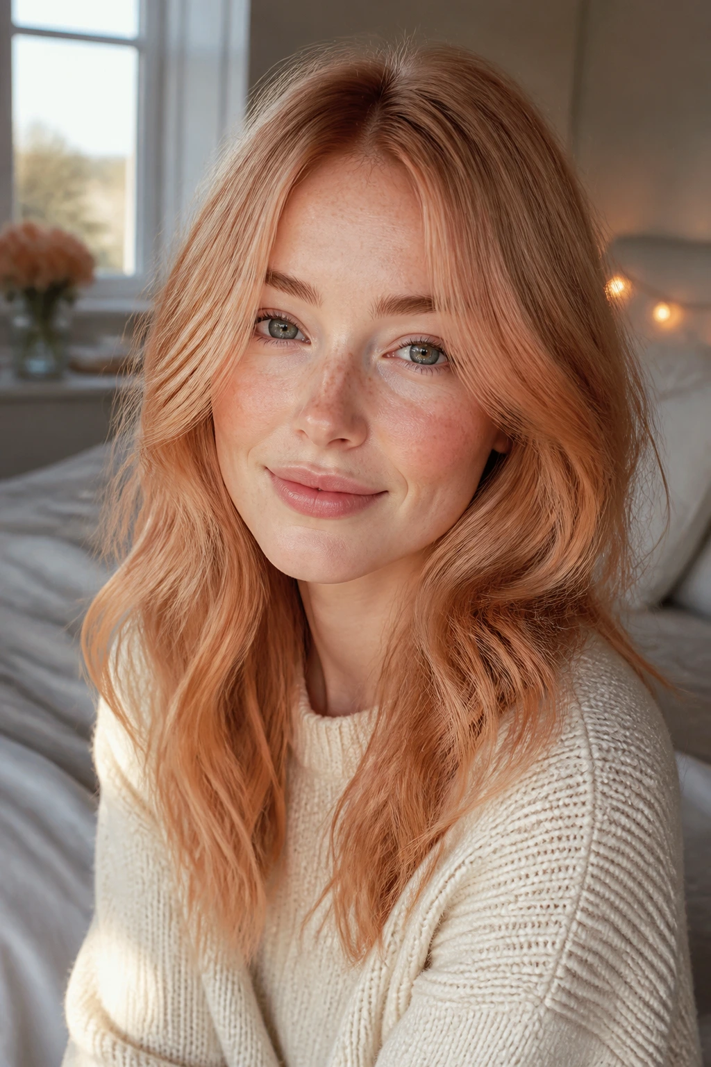 Close-up of a fair-skinned person with peach-rose-gold-beige strawberry hair framing the face