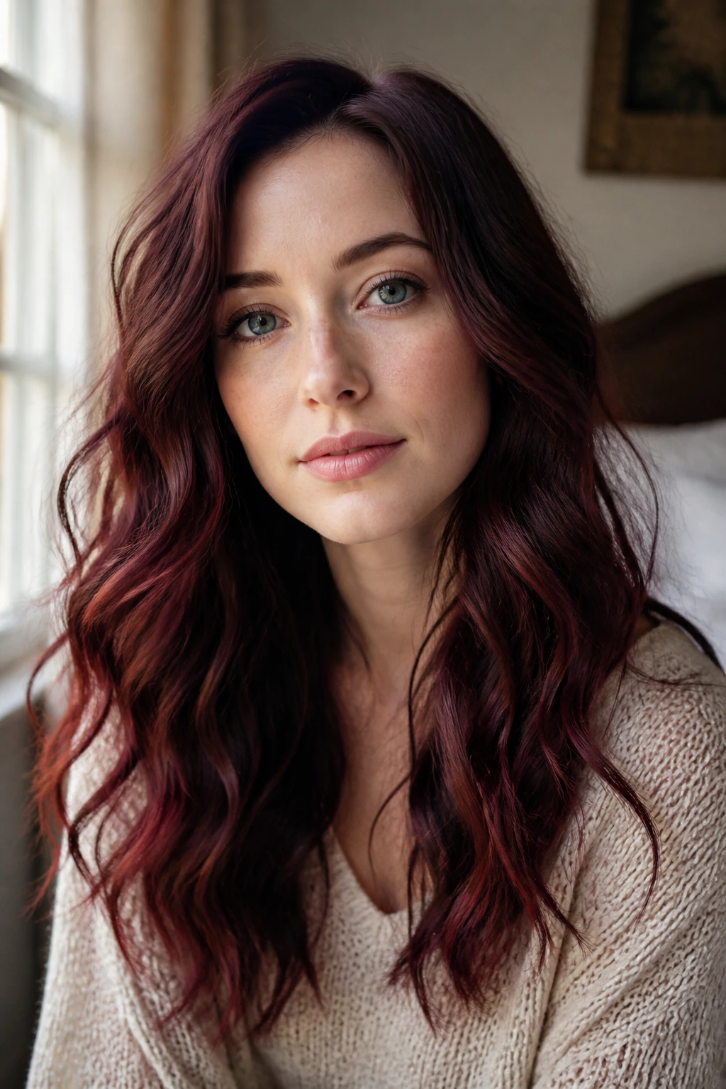 Close-up portrait of fair-skinned person with wavy hair in natural window light