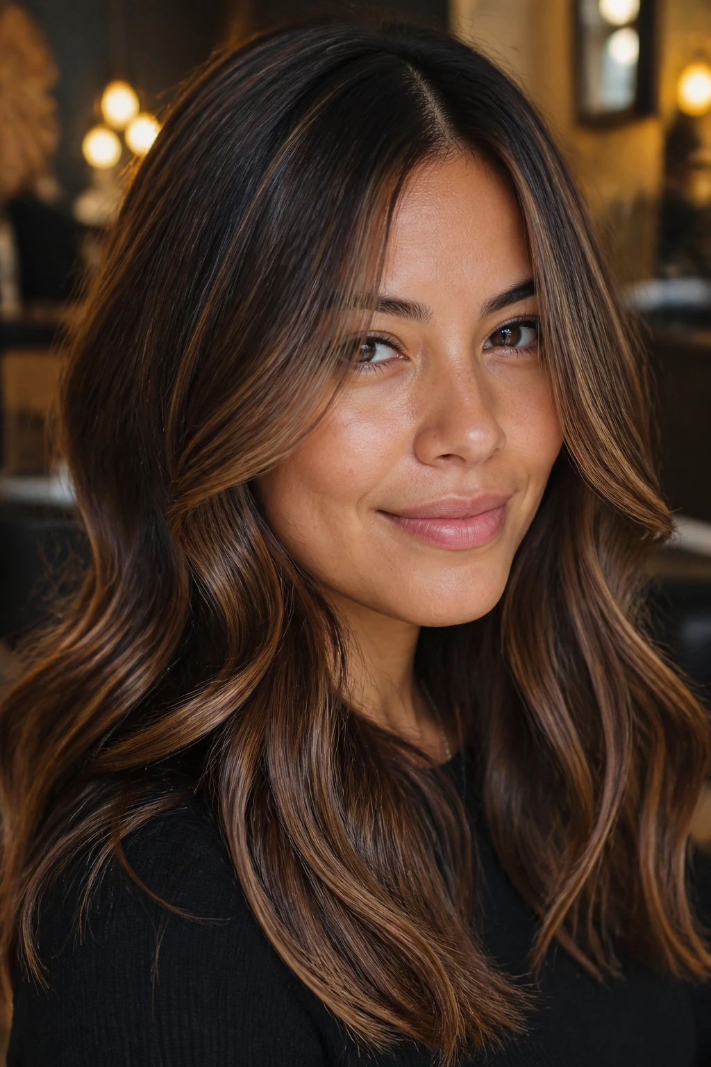 Portrait of brunette with chestnut base and subtle highlight ribbons