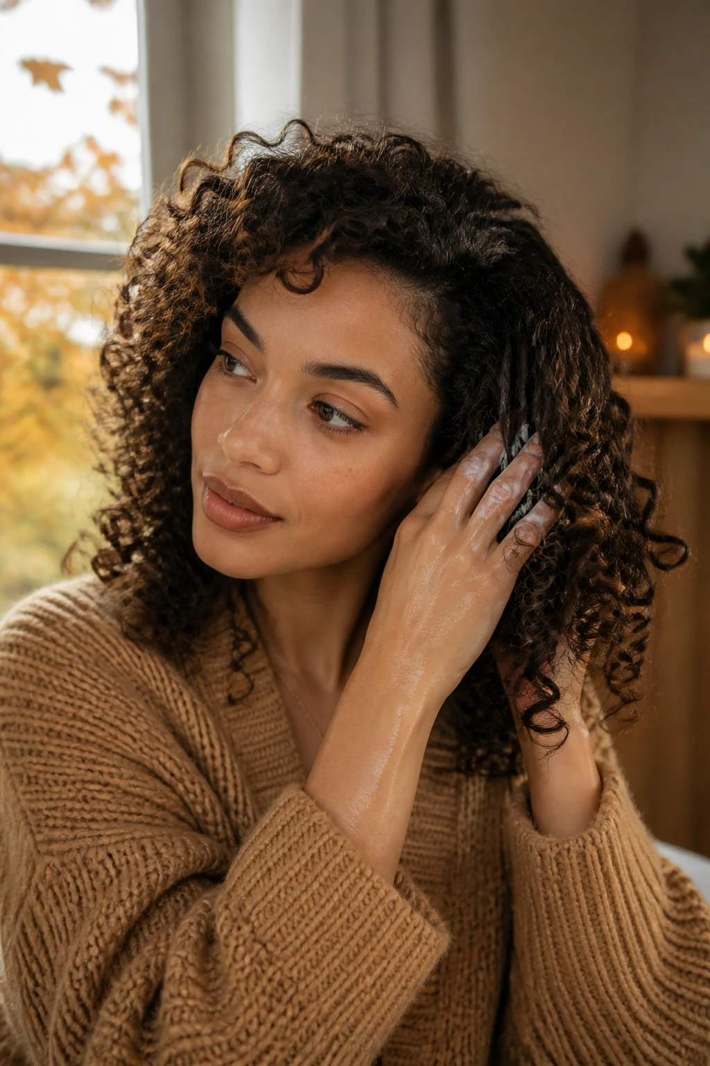 Portrait of a person with curly hair applying product in a fall-ambient setting