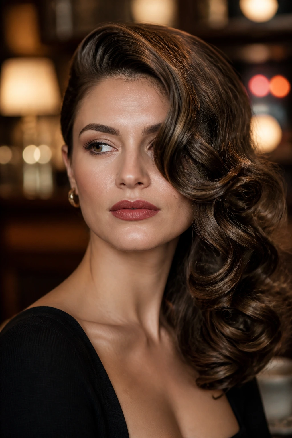 Half-face portrait of a real woman with far-swept glamorous curls