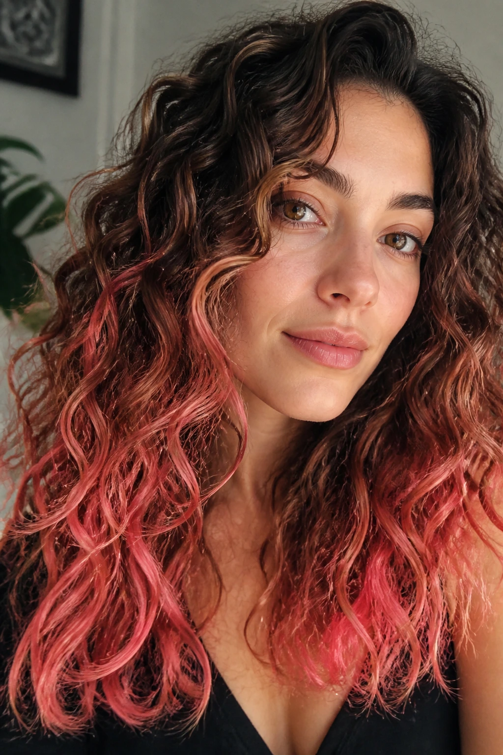 Portrait of a real woman with fashion-color ends on beachy waves