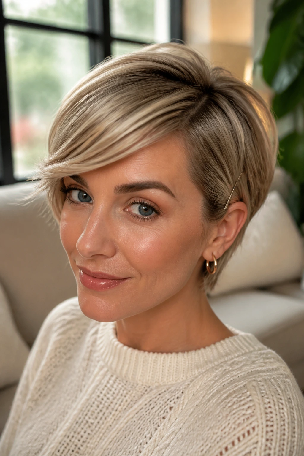 Close-up portrait of a real woman with faux bangs and a deep side part in warm window light.