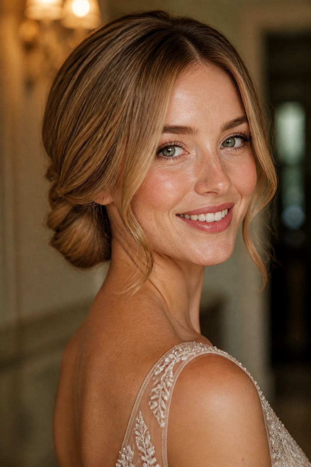 Portrait of a real woman with a caramel-coated faux bob.